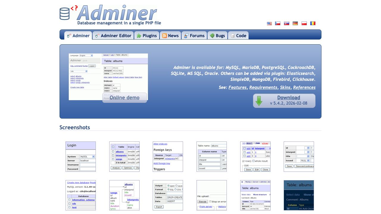 Adminer official website preview
