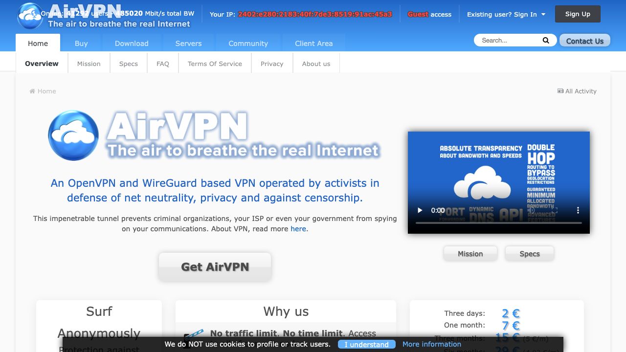 AirVPN official website preview
