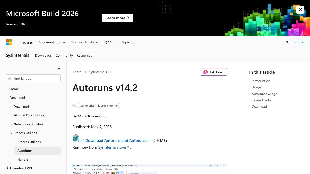 Autoruns for Windows official website preview