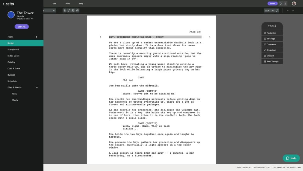 Celtx interface preview 2