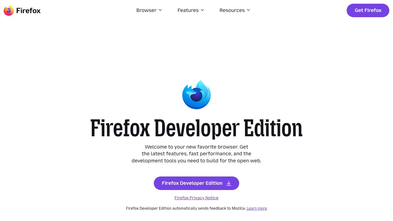 Firefox Developer Edition official website preview