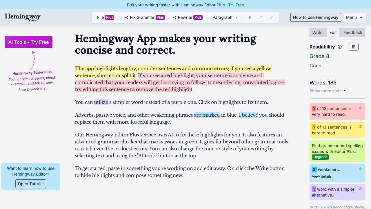 Hemingway Editor official website preview