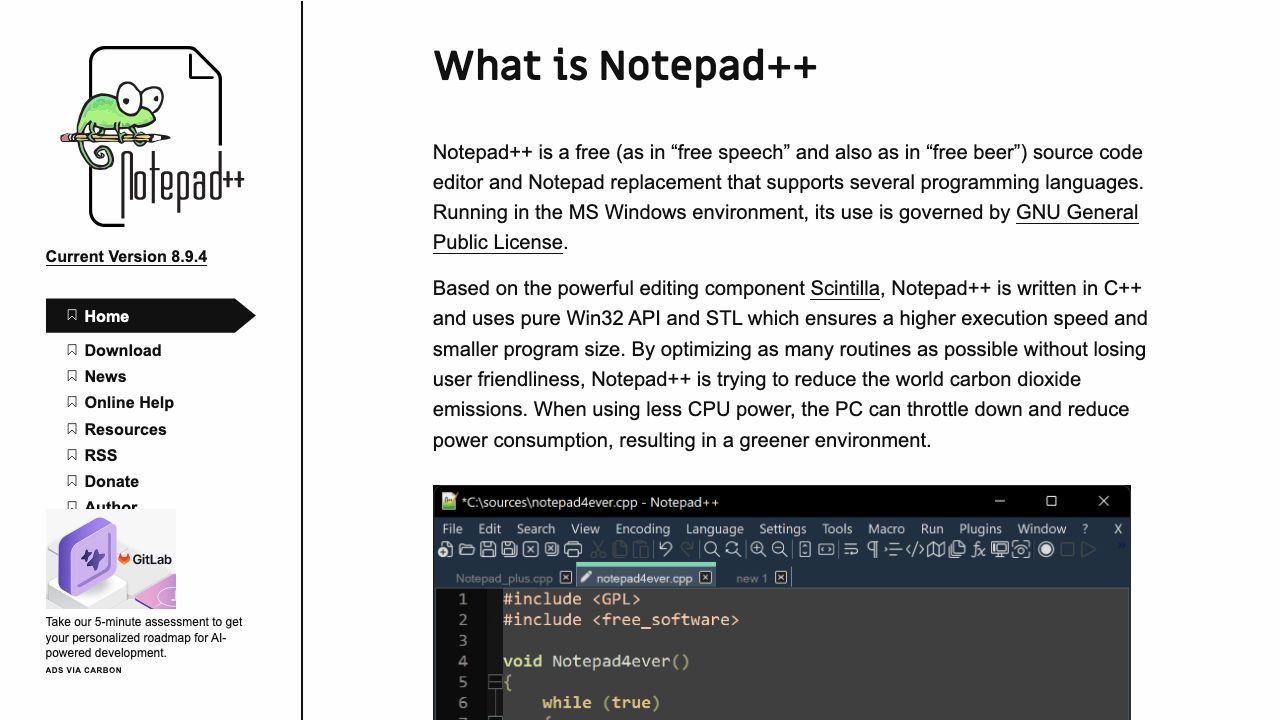 Notepad++ official website preview