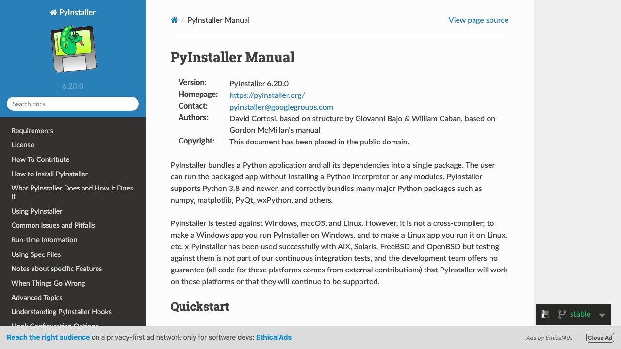 PyInstaller official website preview
