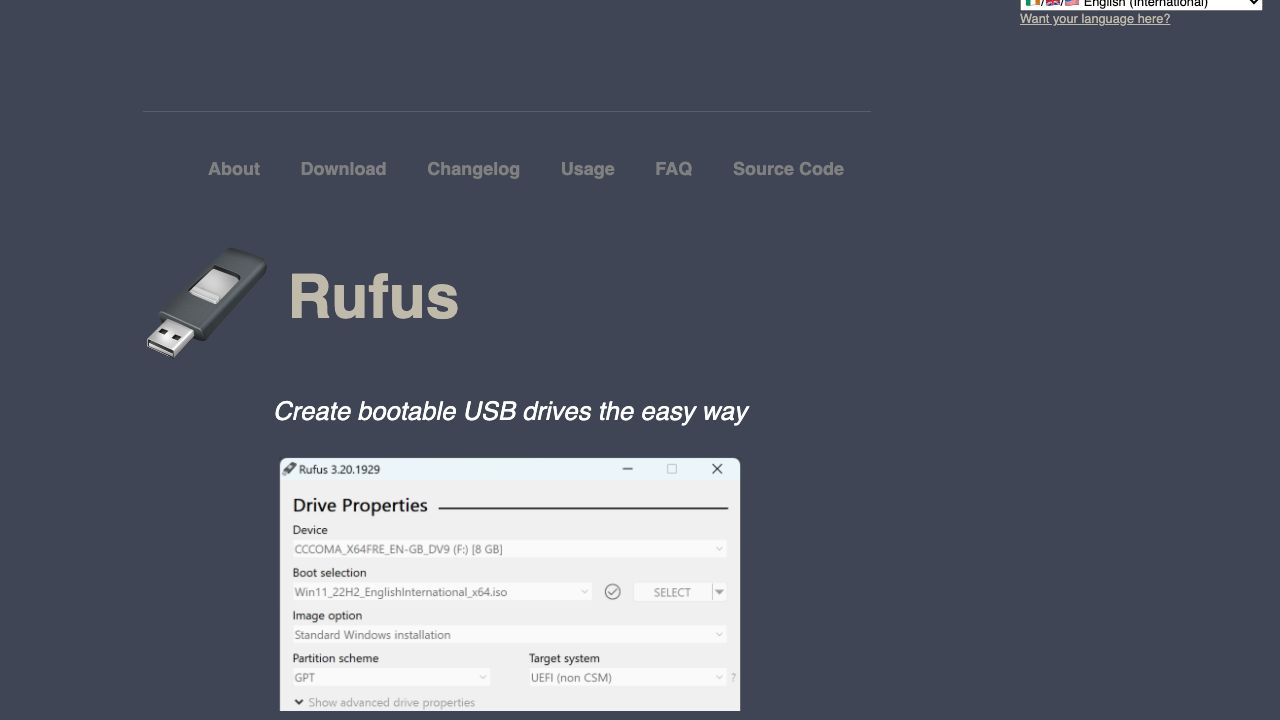 Rufus USB Creator official website preview