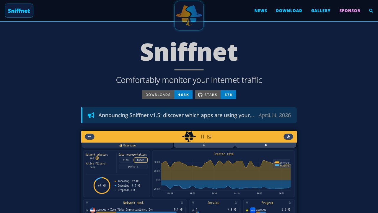 Sniffnet official website preview
