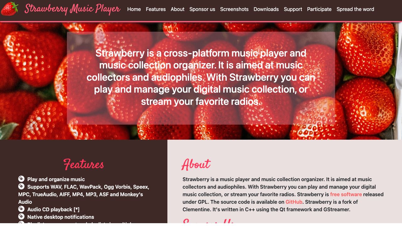 Strawberry Music Player official website preview