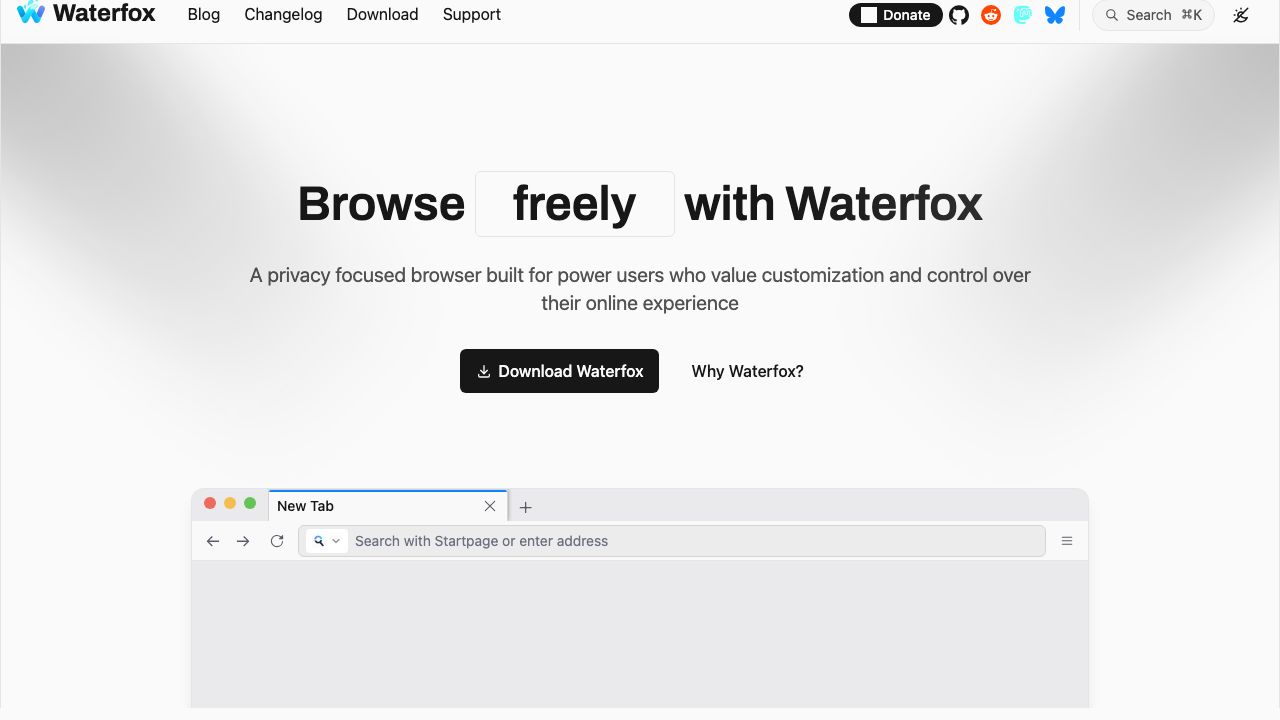 Waterfox official website preview