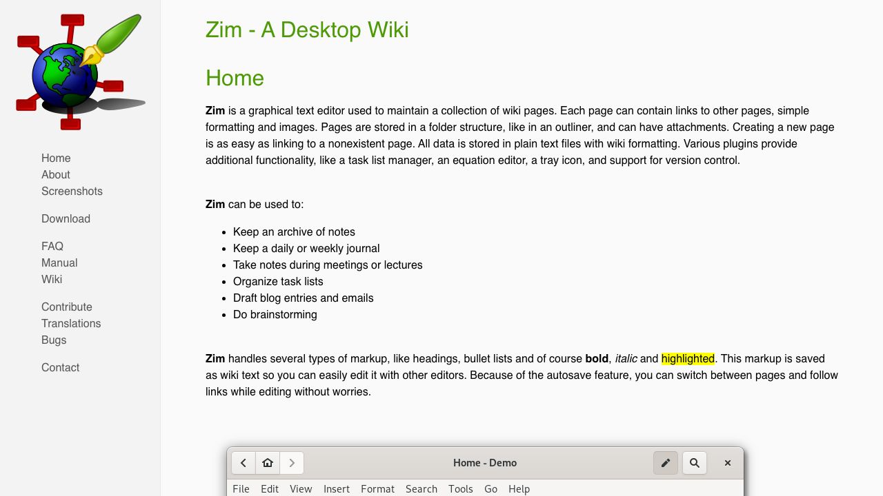 Zim Desktop Wiki official website preview