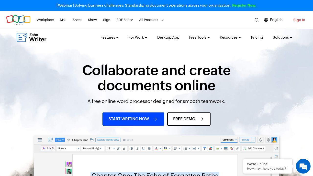 Zoho Writer official website preview